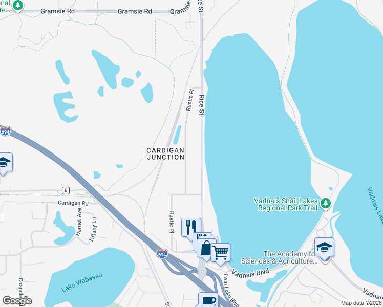 map of restaurants, bars, coffee shops, grocery stores, and more near 3678 Rustic Place in Shoreview