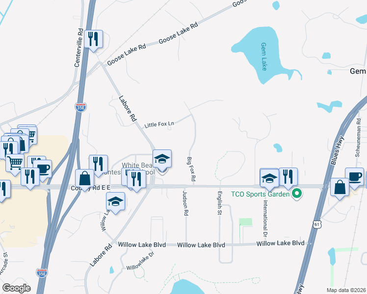 map of restaurants, bars, coffee shops, grocery stores, and more near 3673 Big Fox Road in Saint Paul