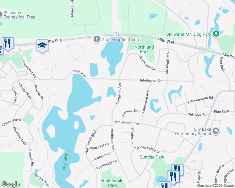 map of restaurants, bars, coffee shops, grocery stores, and more near 312 Northland Avenue in Stillwater