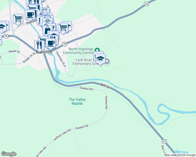 map of restaurants, bars, coffee shops, grocery stores, and more near 66 Hastings Street South in Bancroft