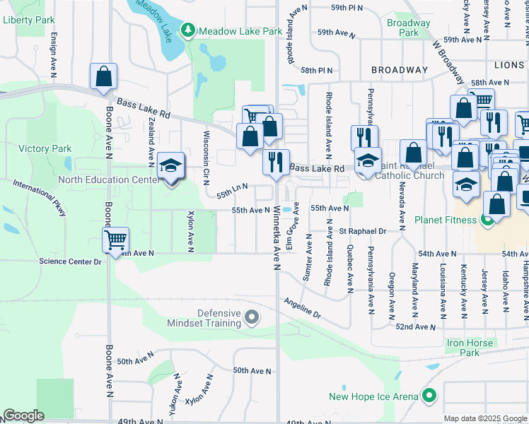 map of restaurants, bars, coffee shops, grocery stores, and more near in Crystal