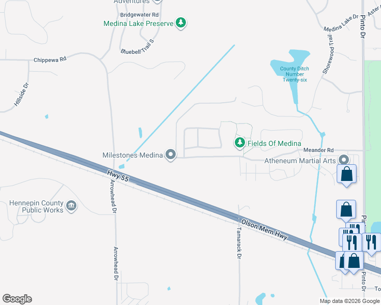 map of restaurants, bars, coffee shops, grocery stores, and more near 4117 Prairie View Trail in Medina
