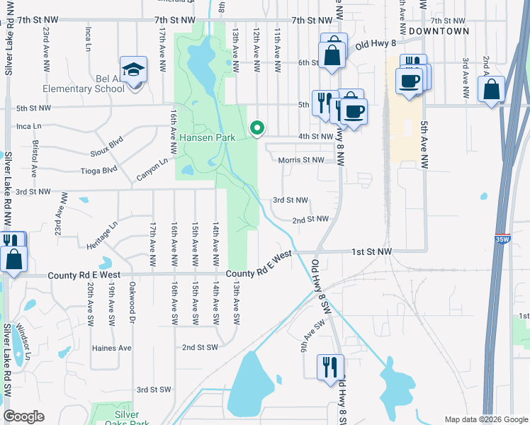map of restaurants, bars, coffee shops, grocery stores, and more near 1111 2nd Street Northwest in New Brighton