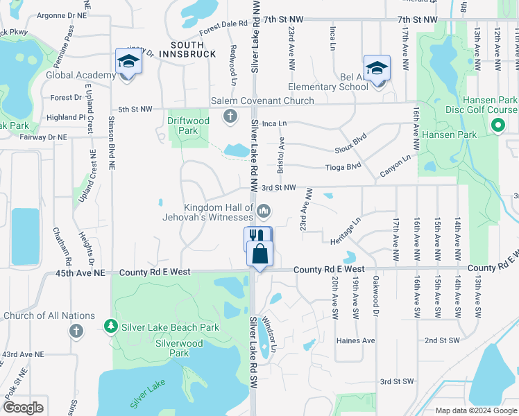 map of restaurants, bars, coffee shops, grocery stores, and more near 265 Silver Lake Road Northwest in New Brighton
