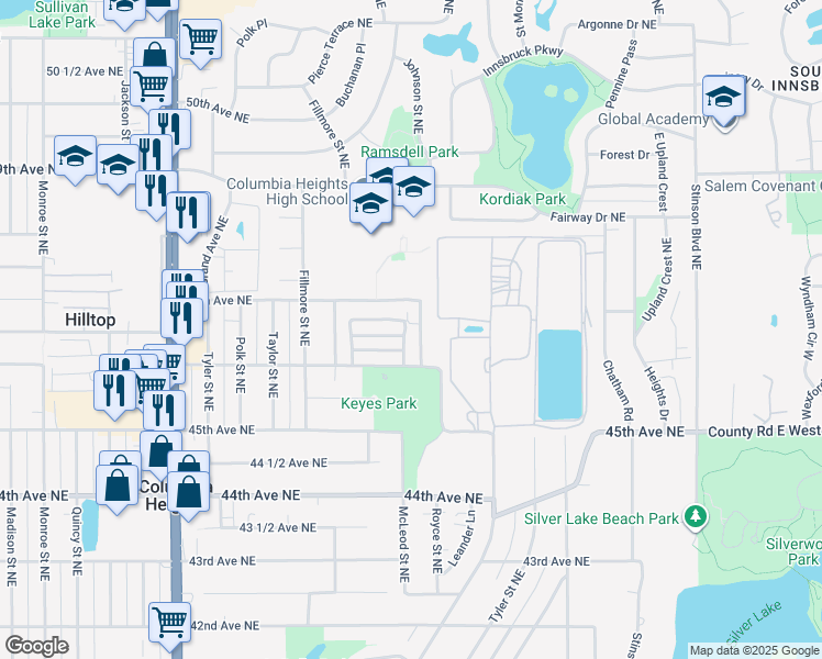 map of restaurants, bars, coffee shops, grocery stores, and more near 1448 Parkview Lane Northeast in Minneapolis