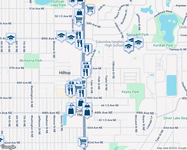 map of restaurants, bars, coffee shops, grocery stores, and more near 4619 Tyler Street Northeast in Minneapolis
