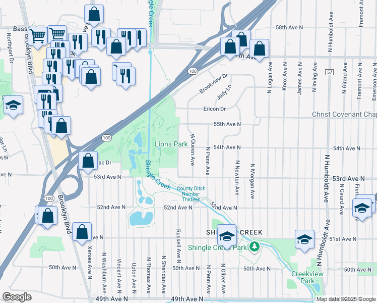 map of restaurants, bars, coffee shops, grocery stores, and more near 5340 North Queen Avenue in Brooklyn Center