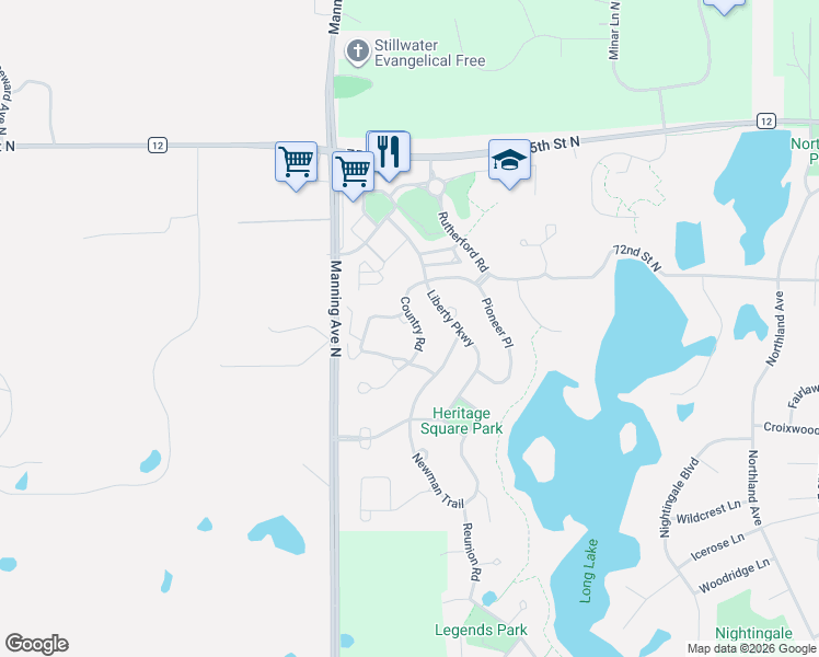 map of restaurants, bars, coffee shops, grocery stores, and more near 3648 Tending Green in Stillwater