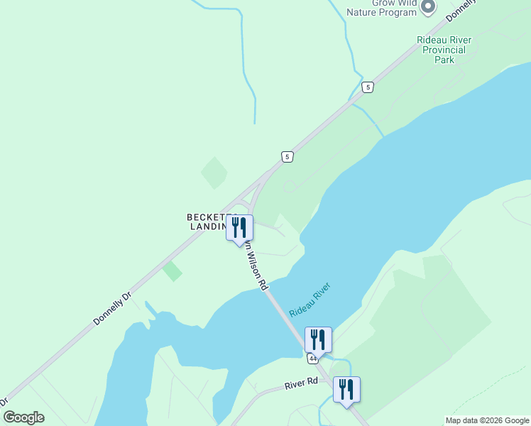 map of restaurants, bars, coffee shops, grocery stores, and more near 7775 Merlyn Wilson Road in Kemptville