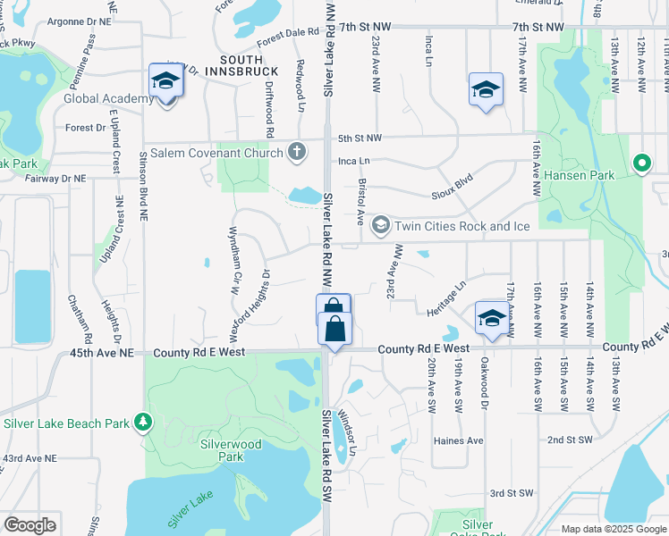 map of restaurants, bars, coffee shops, grocery stores, and more near 265 Silver Lake Road Northwest in New Brighton