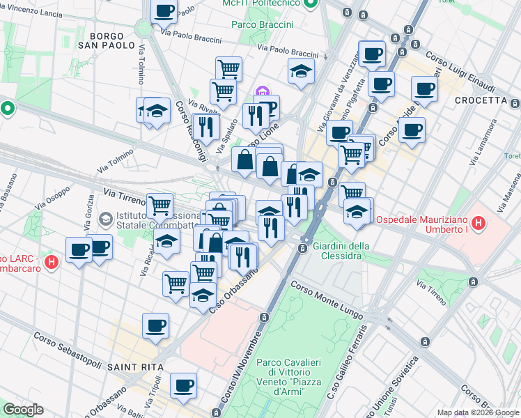 map of restaurants, bars, coffee shops, grocery stores, and more near 24 Corso Adriatico in Turin
