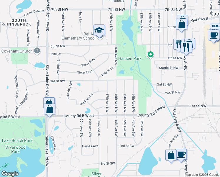 map of restaurants, bars, coffee shops, grocery stores, and more near 220 16th Avenue Northwest in New Brighton