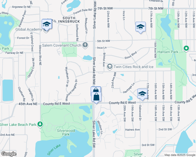 map of restaurants, bars, coffee shops, grocery stores, and more near 265 Silver Lake Road Northwest in New Brighton
