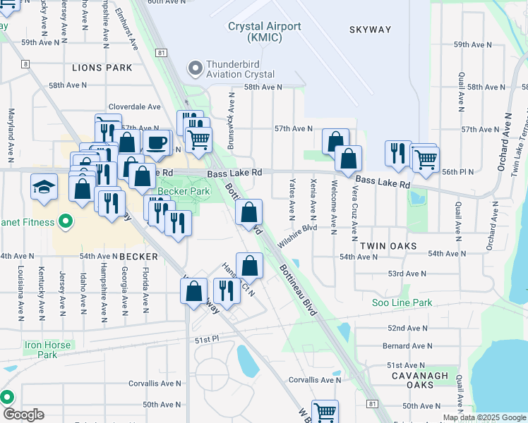 map of restaurants, bars, coffee shops, grocery stores, and more near 5510 Lakeland Avenue North in Minneapolis