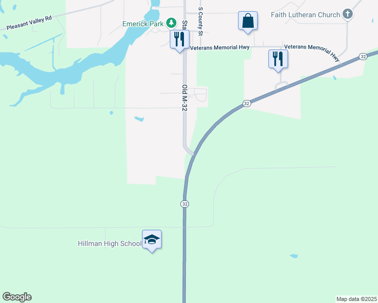map of restaurants, bars, coffee shops, grocery stores, and more near Old Michigan 32 in Hillman
