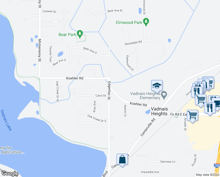 map of restaurants, bars, coffee shops, grocery stores, and more near 600 Koehler Road in Vadnais Heights