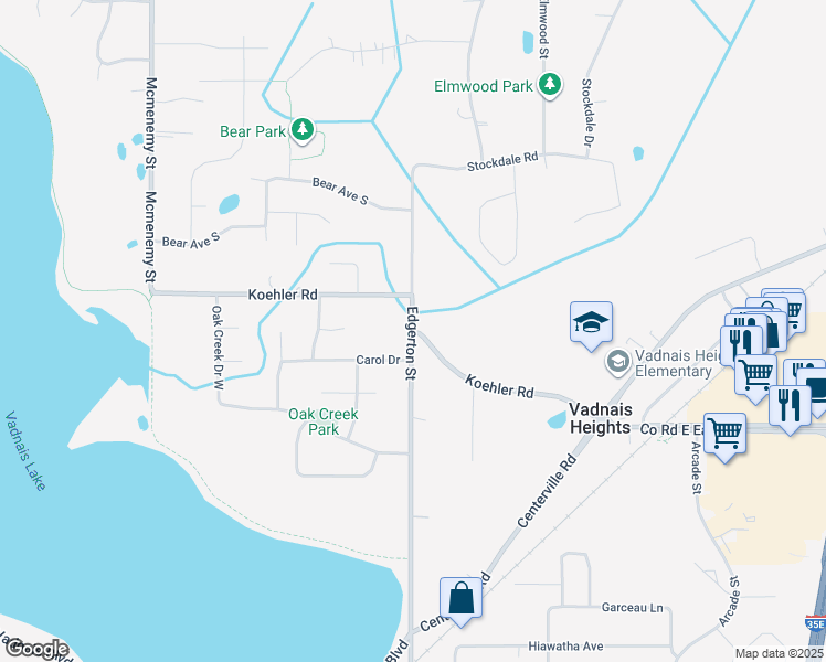 map of restaurants, bars, coffee shops, grocery stores, and more near 3664 Edgerton Street in Vadnais Heights
