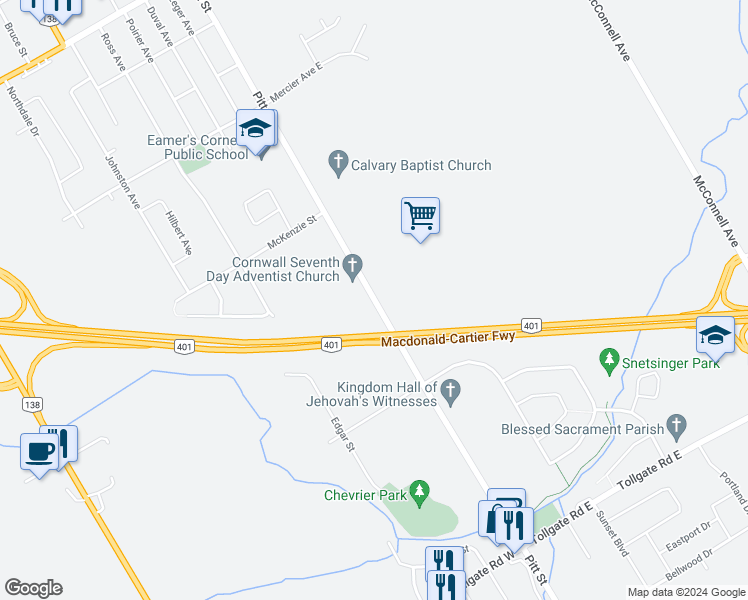 map of restaurants, bars, coffee shops, grocery stores, and more near 2112 Pitt Street in Cornwall