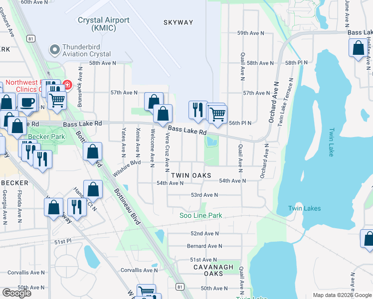 map of restaurants, bars, coffee shops, grocery stores, and more near 5501 Toledo Avenue North in Minneapolis