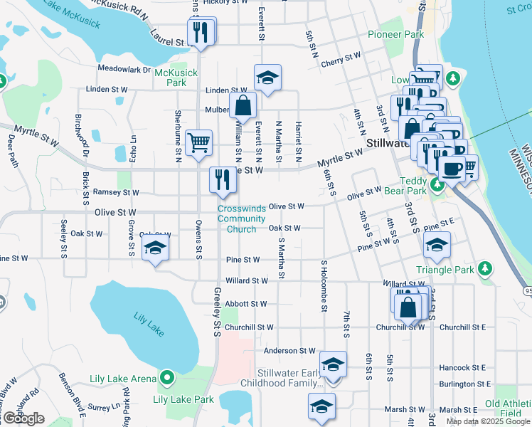 map of restaurants, bars, coffee shops, grocery stores, and more near 808 Oak Street West in Stillwater