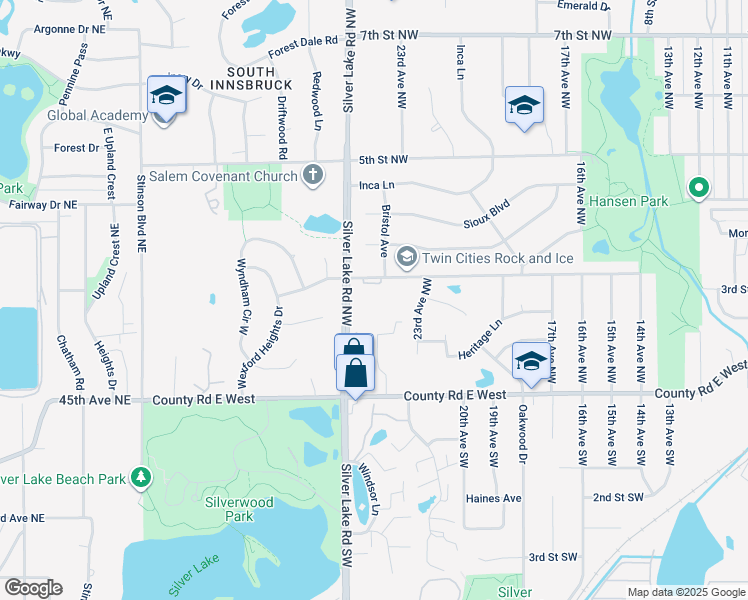 map of restaurants, bars, coffee shops, grocery stores, and more near 265 Silver Lake Road Northwest in New Brighton