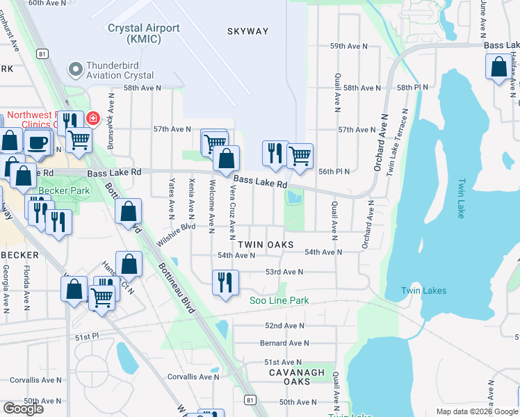 map of restaurants, bars, coffee shops, grocery stores, and more near 5501 Toledo Avenue North in Minneapolis