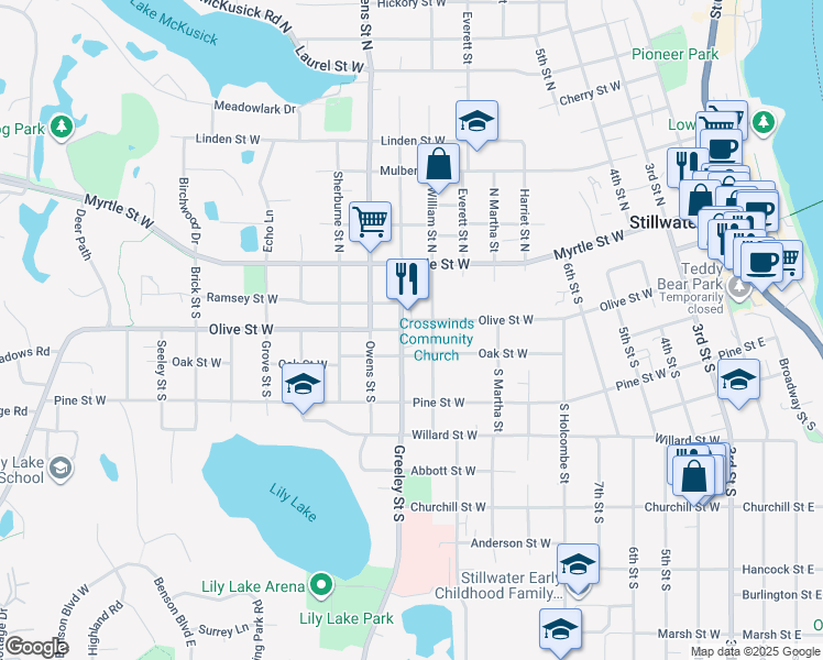 map of restaurants, bars, coffee shops, grocery stores, and more near 313 Greeley Street South in Stillwater