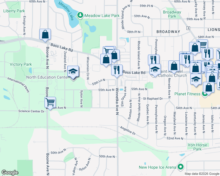 map of restaurants, bars, coffee shops, grocery stores, and more near 7950 55th Avenue North in New Hope