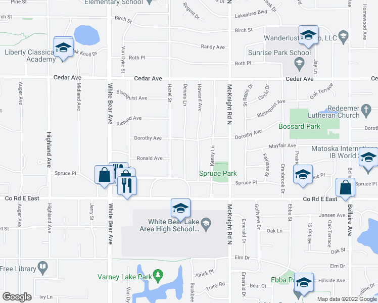 map of restaurants, bars, coffee shops, grocery stores, and more near 3692 Dennis Lane in White Bear Lake