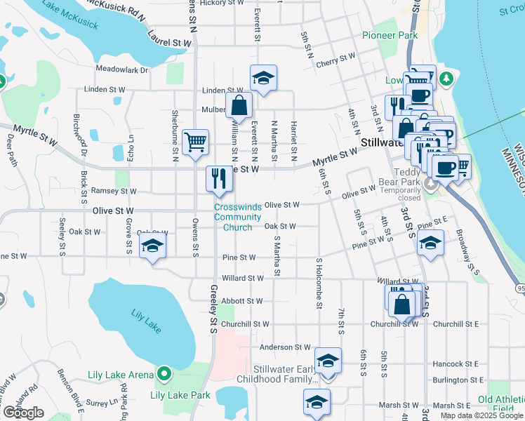 map of restaurants, bars, coffee shops, grocery stores, and more near 808 Oak Street West in Stillwater
