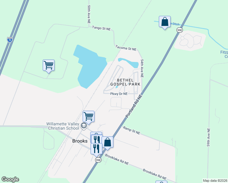 map of restaurants, bars, coffee shops, grocery stores, and more near 5175 Parkway Drive Northeast in Salem