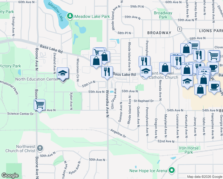 map of restaurants, bars, coffee shops, grocery stores, and more near 7839 Elm Grove Court in Minneapolis