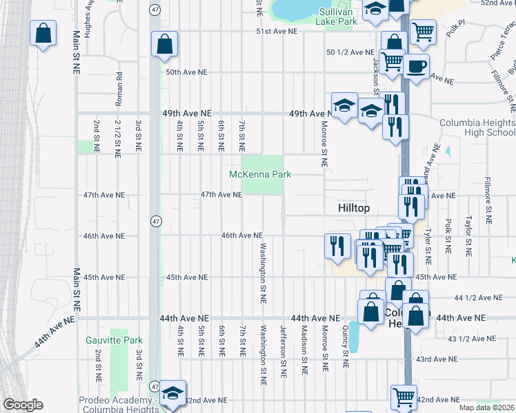 map of restaurants, bars, coffee shops, grocery stores, and more near 4644 Washington Street Northeast in Minneapolis