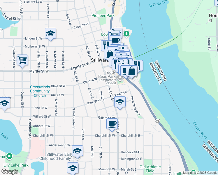 map of restaurants, bars, coffee shops, grocery stores, and more near 421 3rd St S in Stillwater