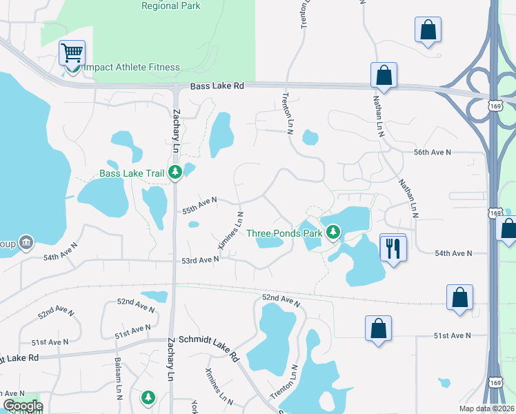 map of restaurants, bars, coffee shops, grocery stores, and more near 10610 54th Avenue North in Minneapolis