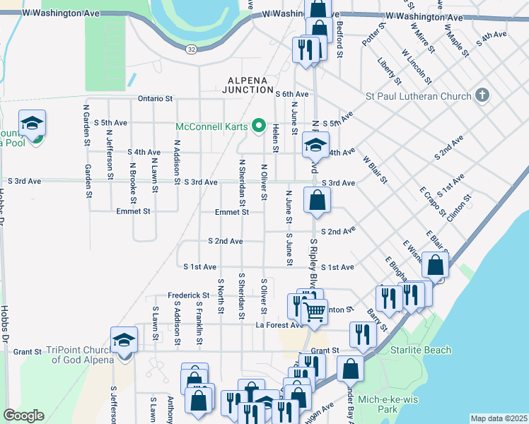 map of restaurants, bars, coffee shops, grocery stores, and more near 148 North Oliver Street in Alpena
