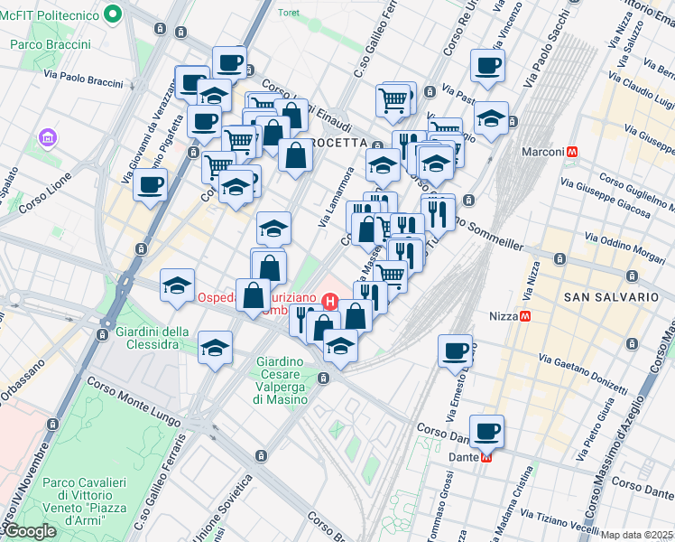 map of restaurants, bars, coffee shops, grocery stores, and more near 91 Corso Re Umberto in Turin