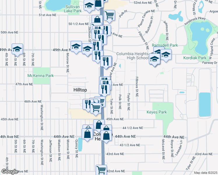 map of restaurants, bars, coffee shops, grocery stores, and more near 4729 Grand Avenue Northeast in Columbia Heights