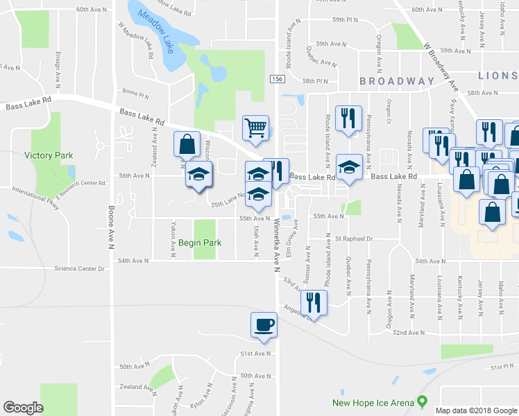 map of restaurants, bars, coffee shops, grocery stores, and more near 7908 55th Circle North in New Hope