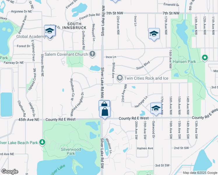 map of restaurants, bars, coffee shops, grocery stores, and more near 2360 3rd Street Northwest in New Brighton