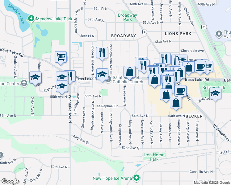 map of restaurants, bars, coffee shops, grocery stores, and more near 5501-5553 Nevada Avenue North in New Hope