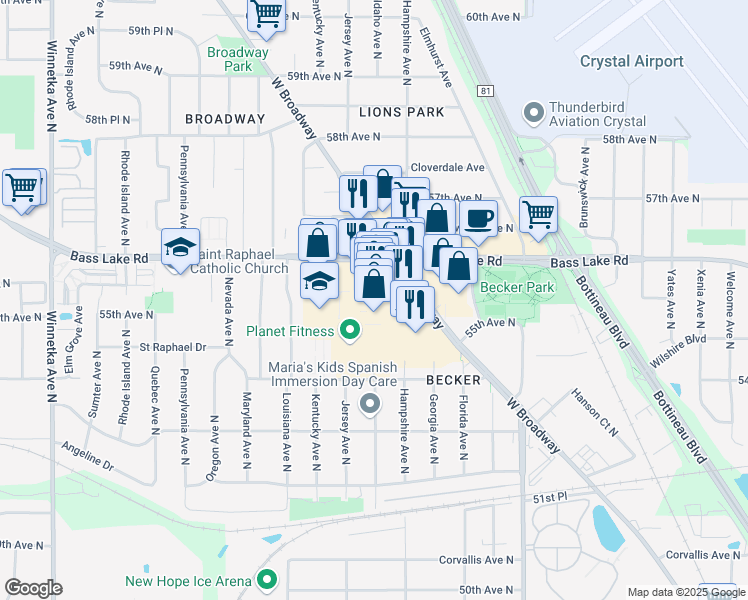 map of restaurants, bars, coffee shops, grocery stores, and more near 99 Willow Bend in Crystal
