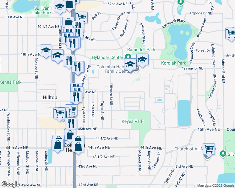map of restaurants, bars, coffee shops, grocery stores, and more near 4650 Pierce Street Northeast in Columbia Heights