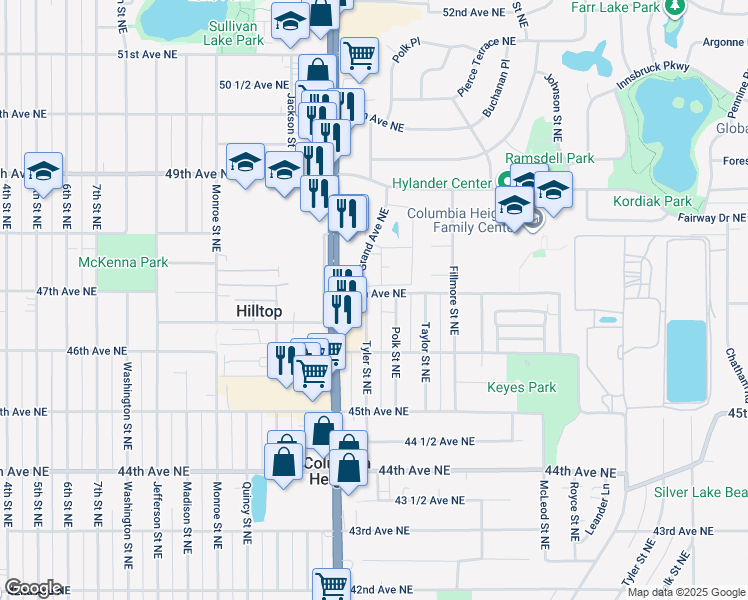 map of restaurants, bars, coffee shops, grocery stores, and more near 4729 Grand Avenue Northeast in Columbia Heights