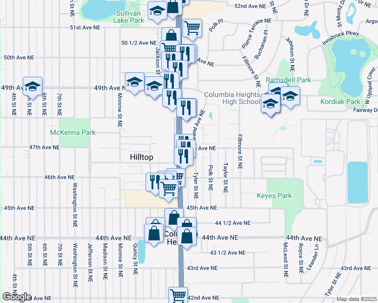 map of restaurants, bars, coffee shops, grocery stores, and more near 4729 Grand Avenue Northeast in Columbia Heights