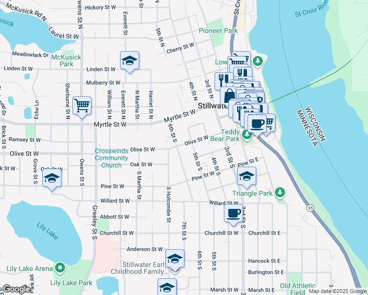 map of restaurants, bars, coffee shops, grocery stores, and more near 315 Olive Street West in Stillwater