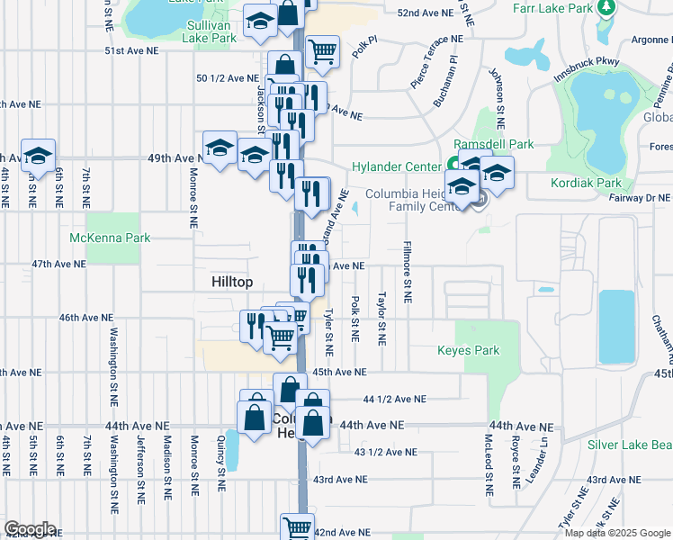 map of restaurants, bars, coffee shops, grocery stores, and more near 4729 Grand Avenue Northeast in Columbia Heights