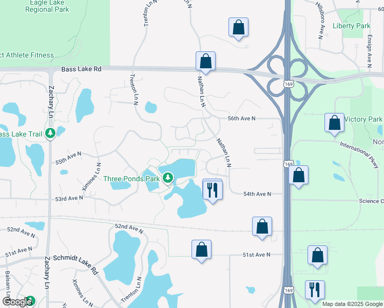 map of restaurants, bars, coffee shops, grocery stores, and more near 5505 Orleans Lane North in Plymouth
