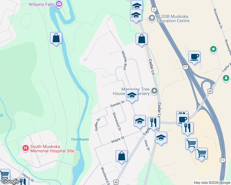 map of restaurants, bars, coffee shops, grocery stores, and more near 9 Melane Court in Bracebridge
