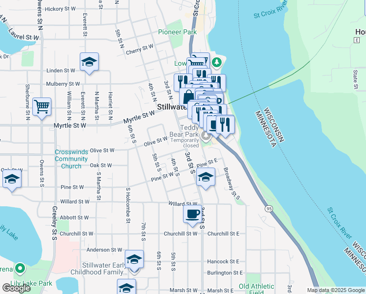 map of restaurants, bars, coffee shops, grocery stores, and more near 310 3rd Street South in Stillwater
